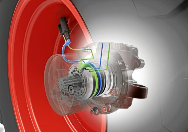  Tryck i en styrledning (grön) öppnar ventilen på däcket när trycket ska ändras. Normalt är svivlarna trycklösa för att slitas mindre. Däcksluften (blått) förs genom en annan ledning till ventilen och däcket. 