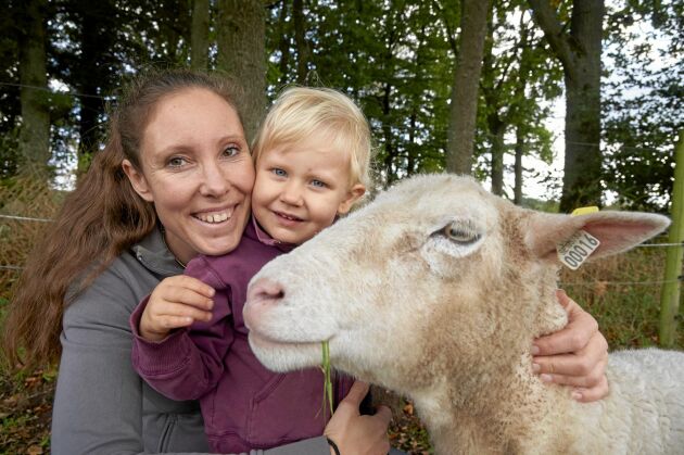  Sara Rosqvist med dottern Lovisa och tackan Tanten som är äldsta fåret på gården med sina sju år. 