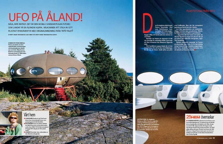 Så här kan ett inrett Futuro-hus se ut. Finns på Åland, har originalinredning från 1970-talet och var med i ett reportage magasinet 25 underbara hem. 