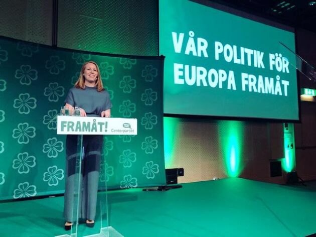  Centerledaren Annie Lööf talar på partiets valupptakt inför EU-valet i Solna.
