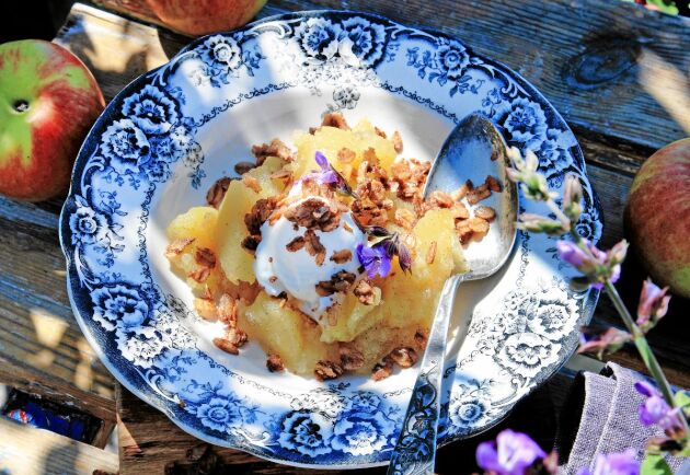  Ljummen äppelkompotten med vaniljglass toppad med kanelkryddat dinkelfras – bästa desserten. 
