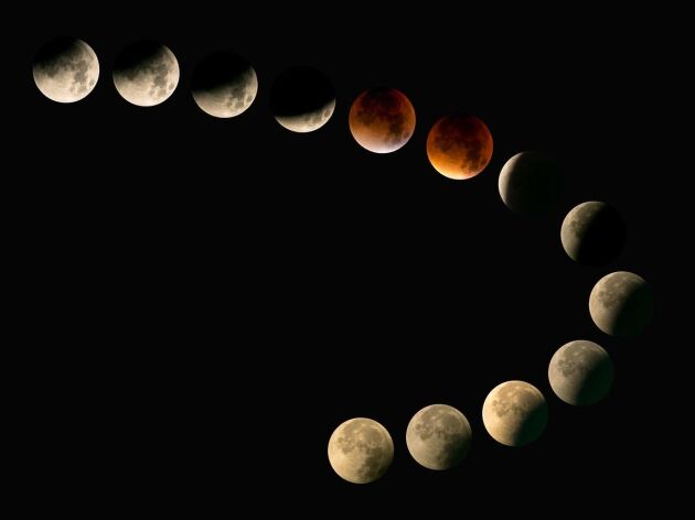  När månen i sin omloppsbana runt jorden hamnar helt i jordens skugga blir den inte bara osynlig och svart utan glöder i rött. 